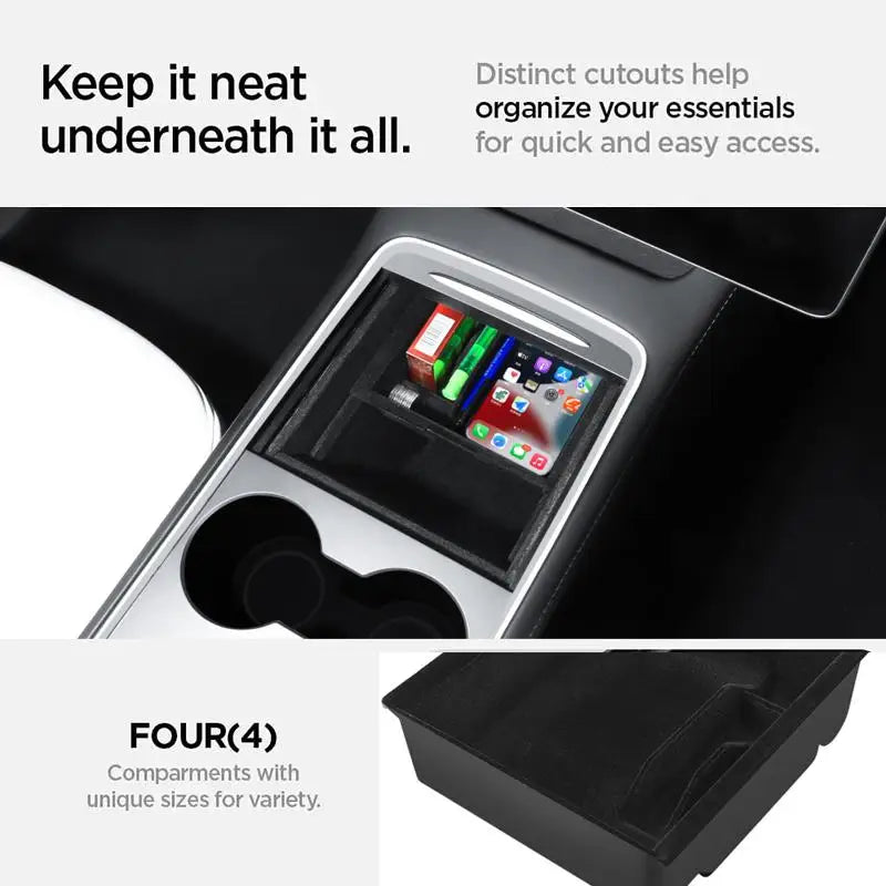 4PCS Center Console Organizer Storage Accessories Compatible with Tesla Model 3 2017-2023 & Model Y 2021-2024, Front Center Console Tray, Rear Console Storage Box, Armrest Hidden Cubby Drawer, Cup Holder Insert, Flocked Inter