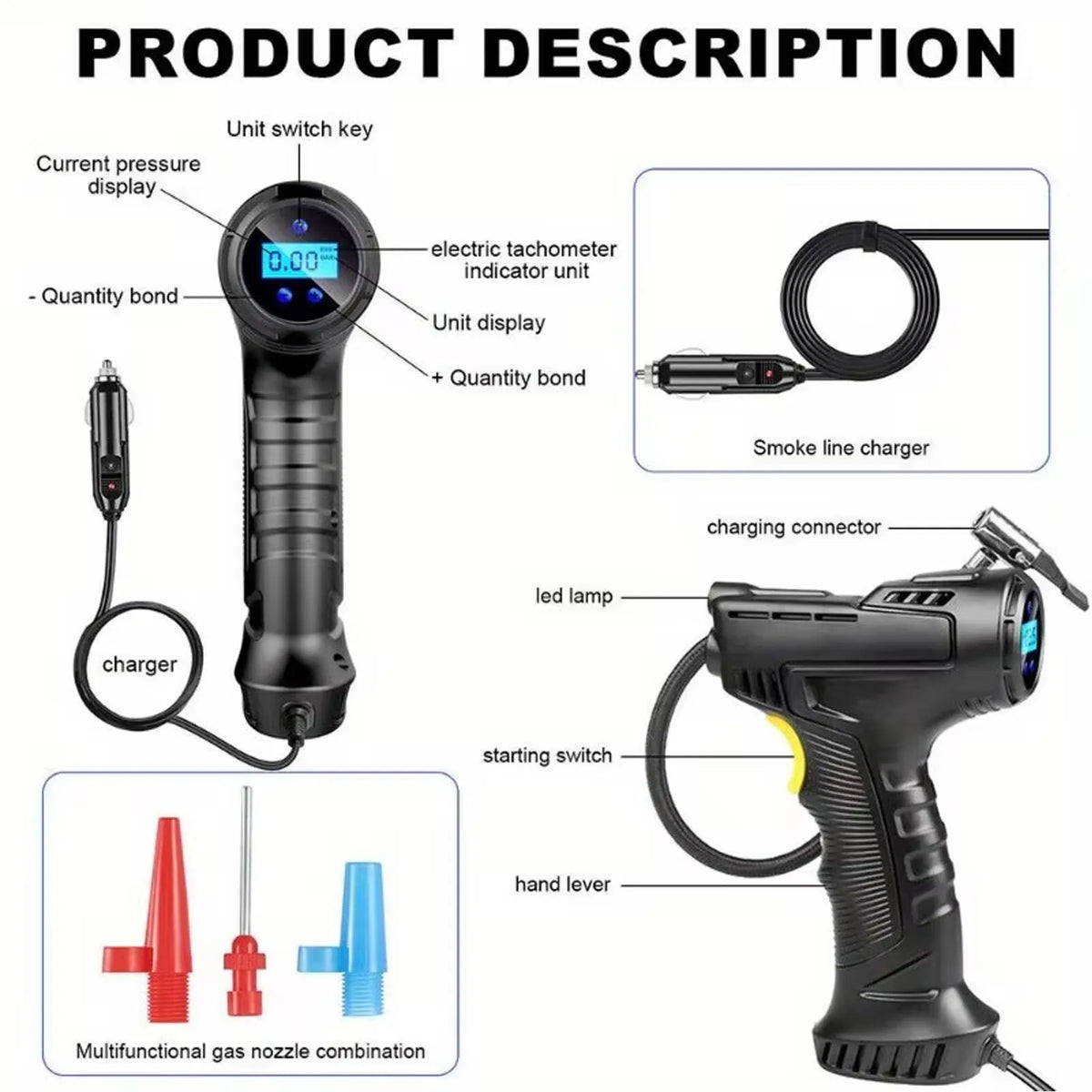 120W Automatic Cordless Car Tyre Inflator Portable Handheld LCD Digital Air Compressor Pump Tire Inflator Equipment