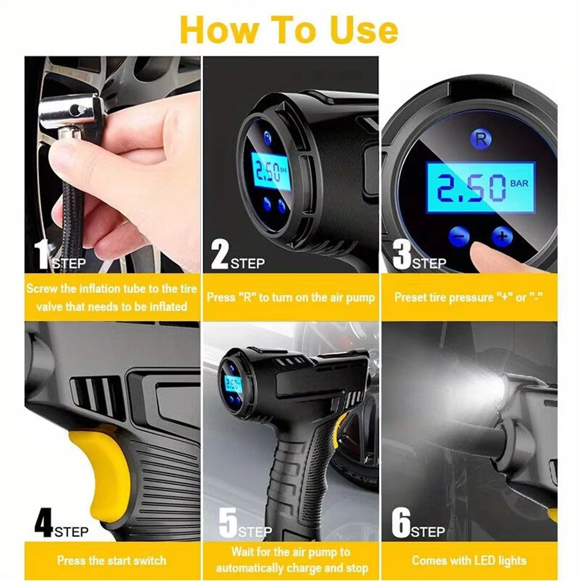 120W Automatic Cordless Car Tyre Inflator Portable Handheld LCD Digital Air Compressor Pump Tire Inflator Equipment