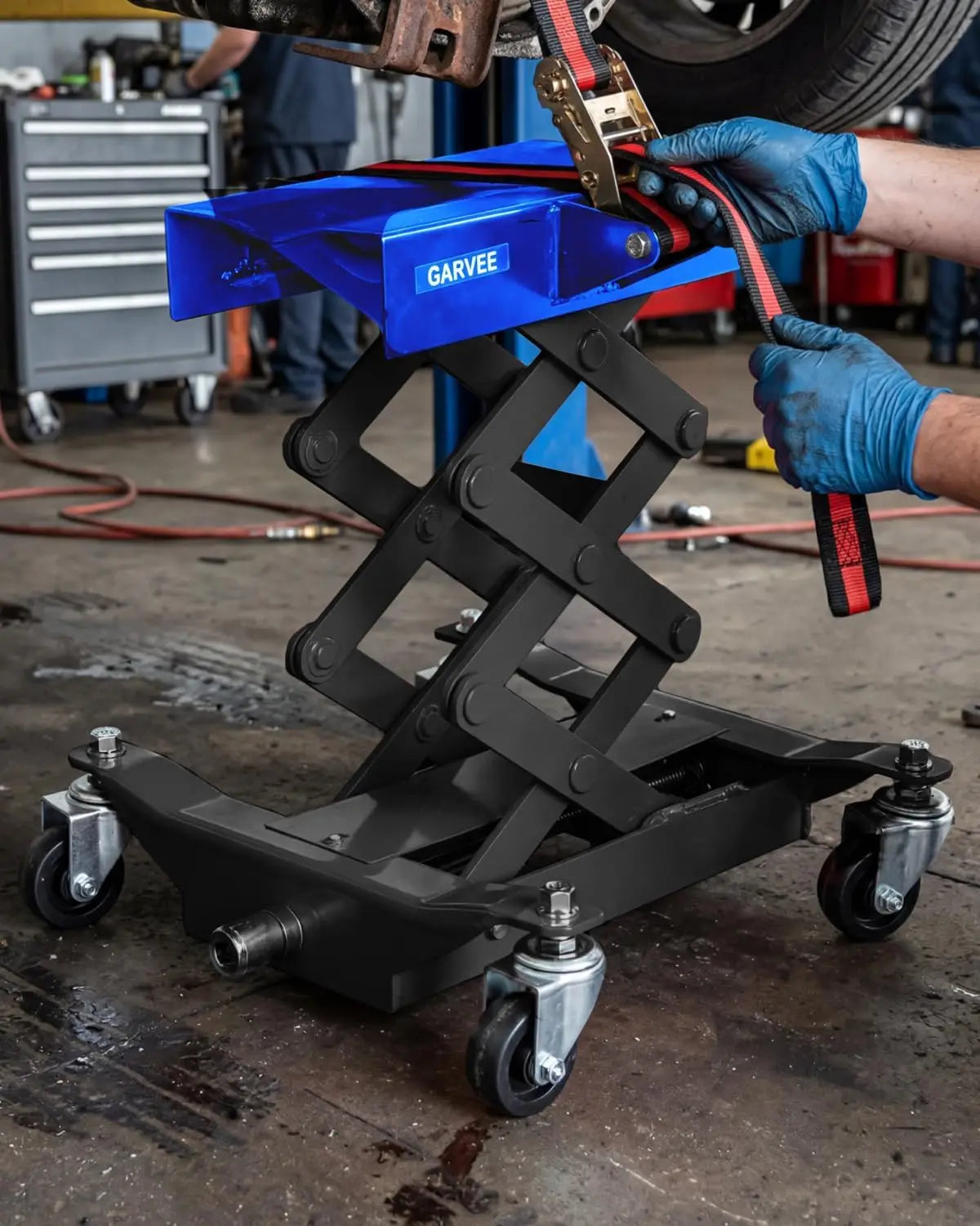 Transmission Jack with Safety Straps, Low Profile Lift 450 LBS Cap. | 7"- 23" Adjustable Height Tran
