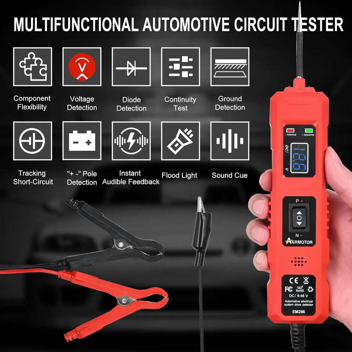 6-48V Digital Circuit Tester Automotive Power Probe with LCD Display, Car Electrical Voltage Tester Pen, Diagnostic Test Light for Fuse, Battery, Wiring, Continuity & Polarity Testing