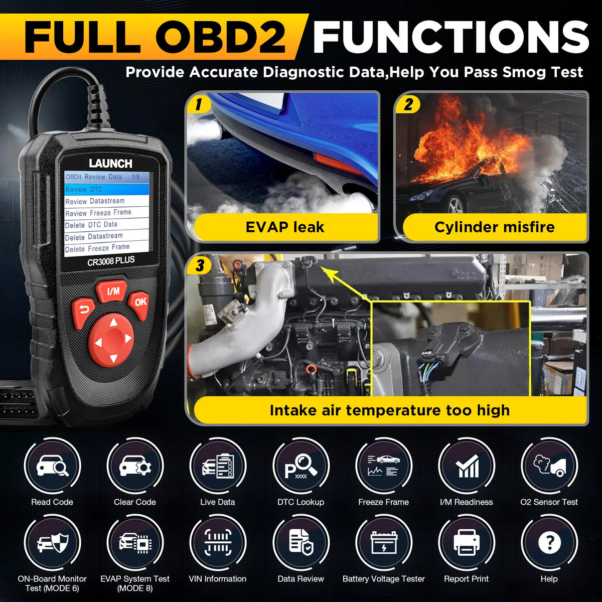 LAUNCH OBD2 Scanner Diagnostic Tool CR3008 Plus,One-Key I/M,Lifetime Update Code Reader,Check Engine Code OBDII Car Scan Tool