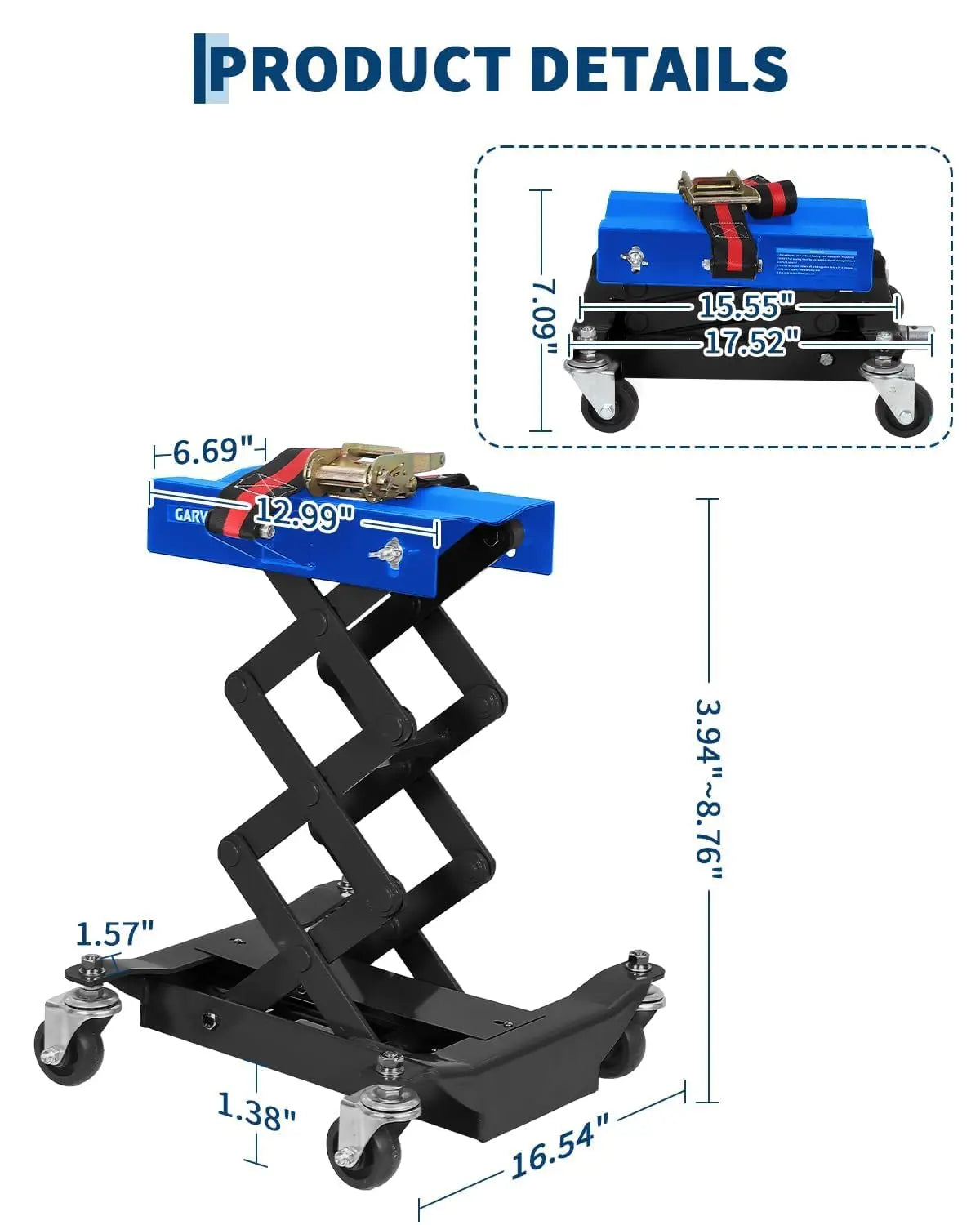 Transmission Jack with Safety Straps, Low Profile Lift 450 LBS Cap. | 7"- 23" Adjustable detail view