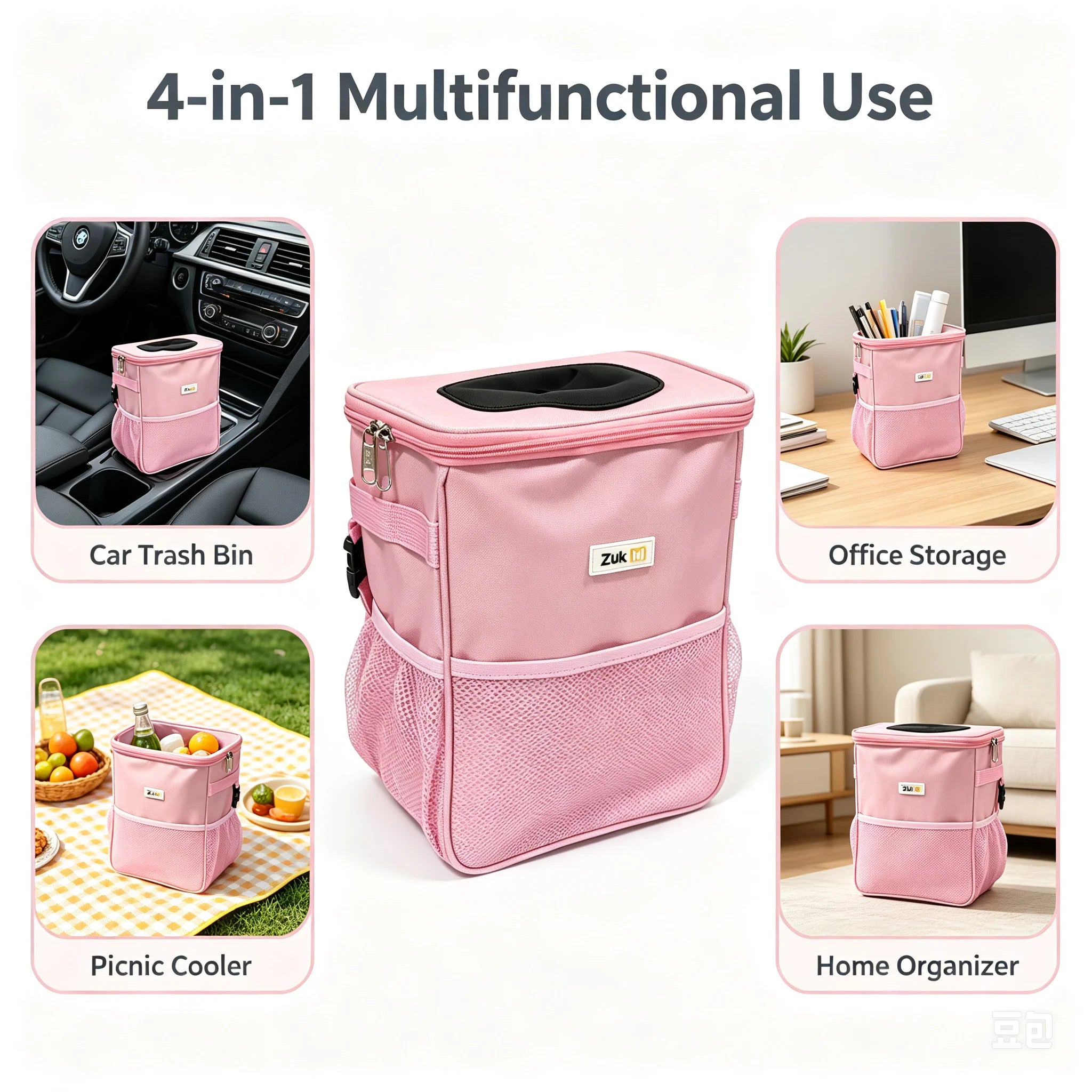 Hanging Collapsible Car Trash Can with Lid & Storage Pockets, Portable Multipurpose Ga close-up view