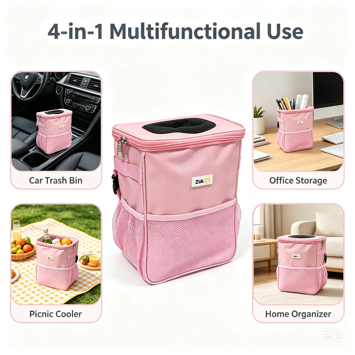 Hanging Collapsible Car Trash Can with Lid & Storage Pockets, Portable Multipurpose Ga close-up view