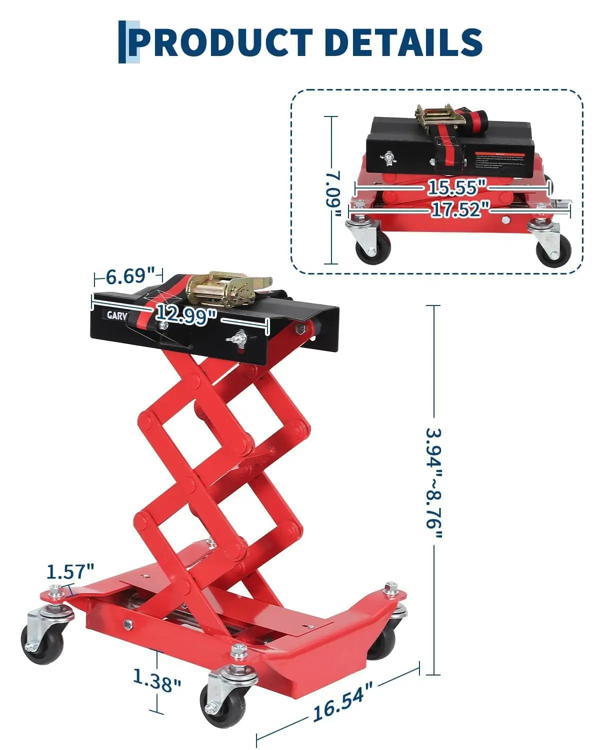 Transmission Jack with Safety Straps, Low Profile Lift 450 LBS Cap. | 7"- 23" Adjustab close-up view