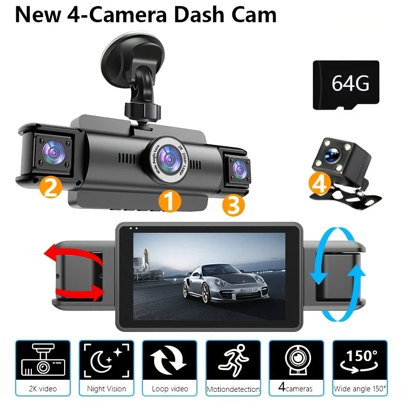 4-Channel Full-View Dash Cam | 2K Front & 1080P Rear, Inside, Side Recording