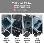 4PCS Center Console Organizer Storage Accessories Compatible with Tesla Model 3 2017-2023 & Model Y 2021-2024, Front Center Console Tray, Rear Console Storage Box, Armrest Hidden Cubby Drawer, Cup Holder Insert, Flocked Inter