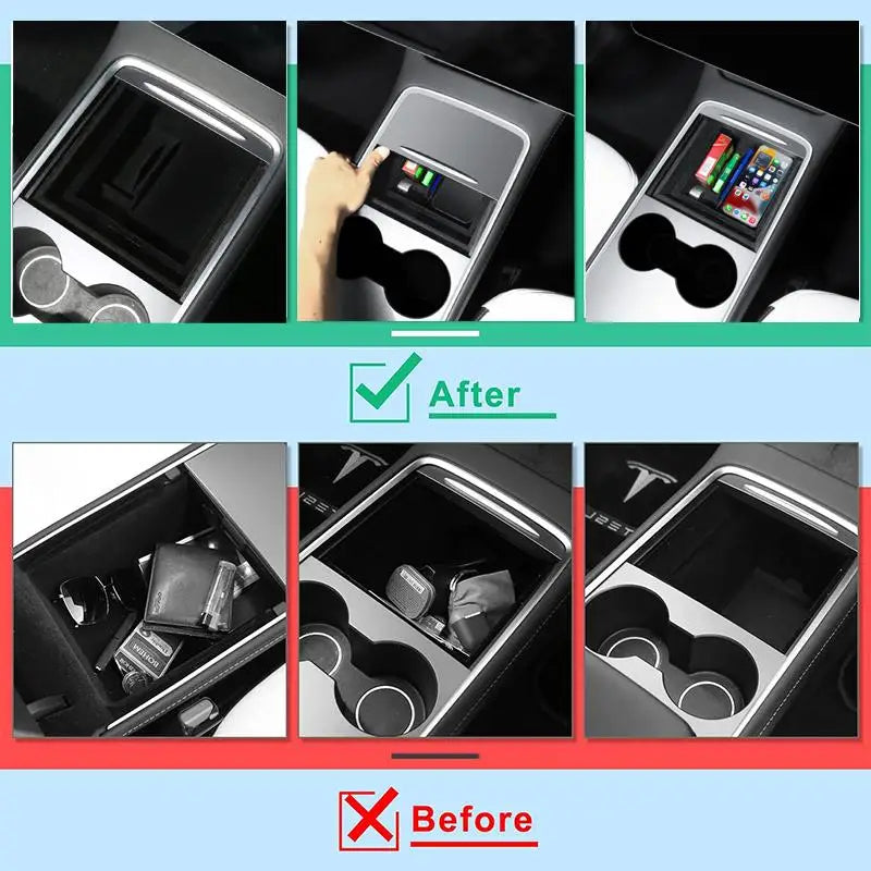 4PCS Center Console Organizer Storage Accessories Compatible with Tesla Model 3 2017-2023 & Model Y 2021-2024, Front Center Console Tray, Rear Console Storage Box, Armrest Hidden Cubby Drawer, Cup Holder Insert, Flocked Inter
