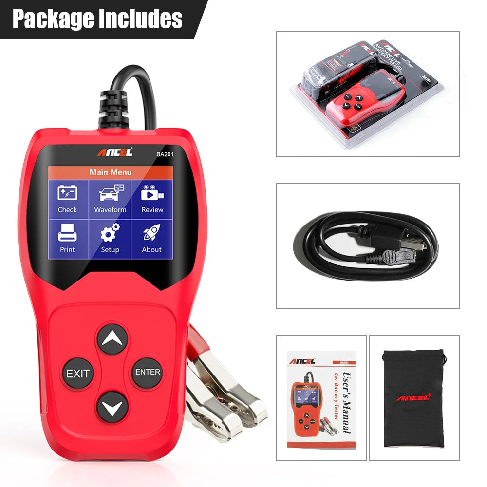 ANCEL BA201 Car Motorcycle Battery Tester Analyze 2000CCA 12V Loading Quick Cranking Charging Diagnostic Car Battery Tester Tool