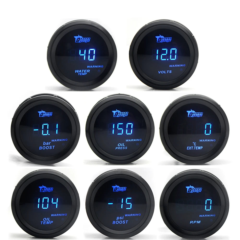 52mm Car Digital Gauge Set | Turbo Boost Water Temp Oil Pressure Voltmeter EGT Tachometer
