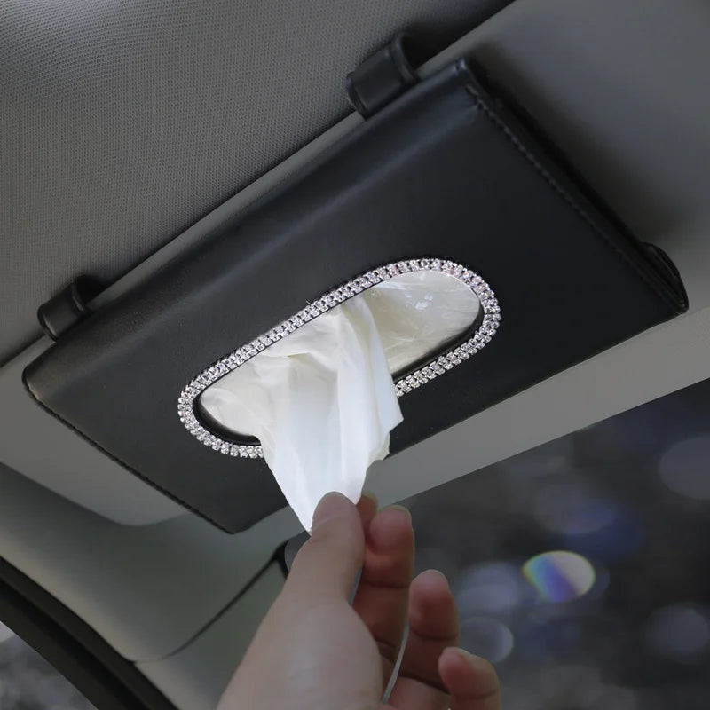 Crystal Car Tissue Box Sun Visor Leather Holder