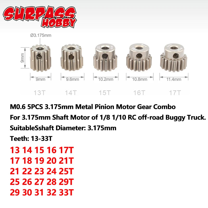5PCS 32DP 48DP 64DP M0.6 3.175mm Metal Aluminium Pinion Motor Gear Set 12T-50T for 1/1 close-up view