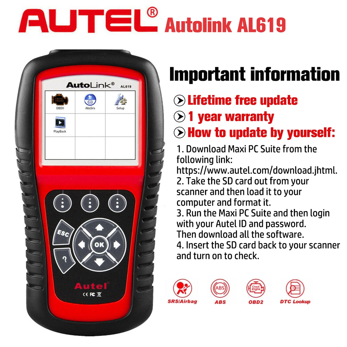 Autel AL619 AL519 OBD2 Scanner Car Diagnostic Tool Code Reader Automotriz ABS,SRS Automotive EOBD Diagnostic Scanner Scan Tool