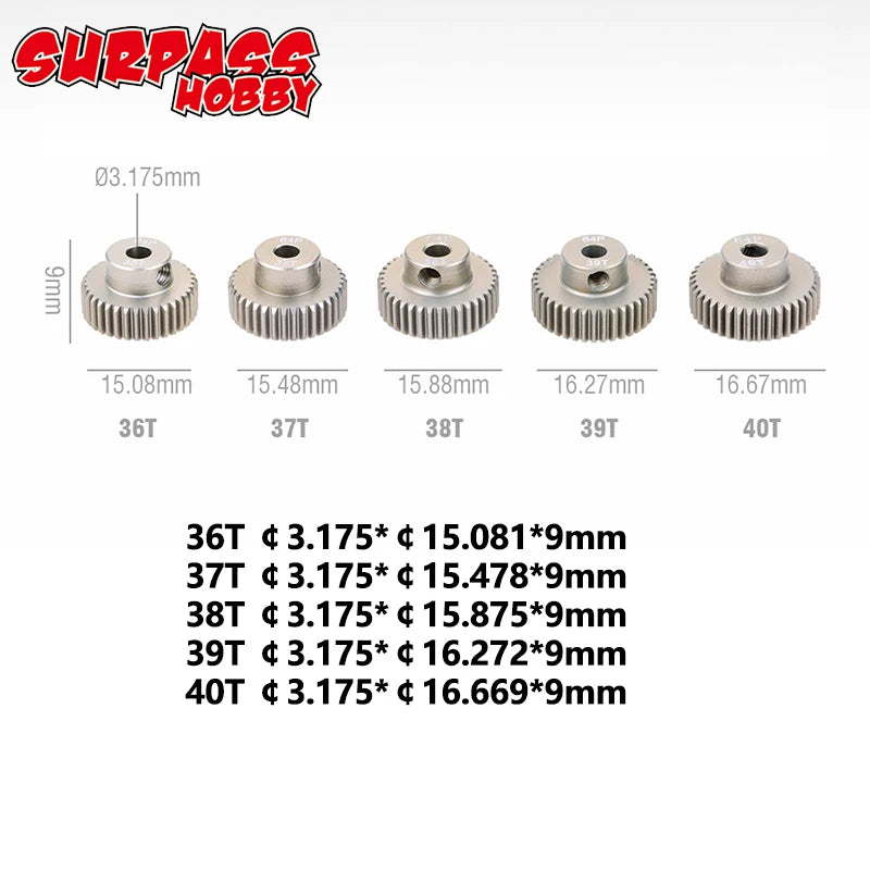 5PCS 32DP 48DP 64DP M0.6 3.175mm Metal Aluminium Pinion Motor Gear Set 12T-50T for additional angle