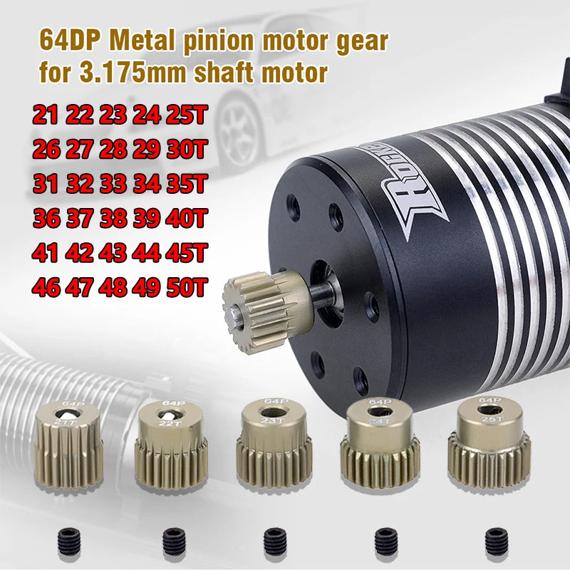 5PCS 32DP 48DP 64DP M0.6 3.175mm Metal Aluminium Pinion Motor Gear Set 12T-50T for 1/1 close-up view