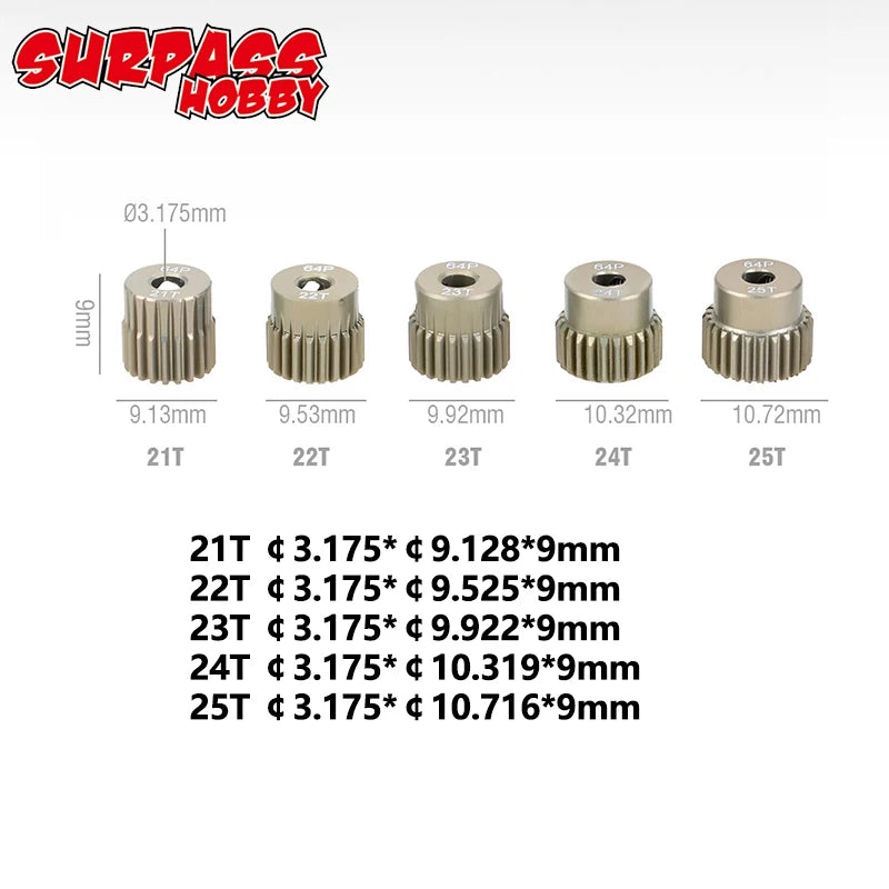 5PCS 32DP 48DP 64DP M0.6 3.175mm Metal Aluminium Pinion Motor Gear Set 12T-50T for 1/10 detail view