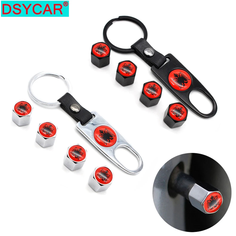 DSYCAR 4Pcs Zinc Alloy Albania Flag Car Tire Valve Caps | Tire Valve Stem Covers with Leather Buckle