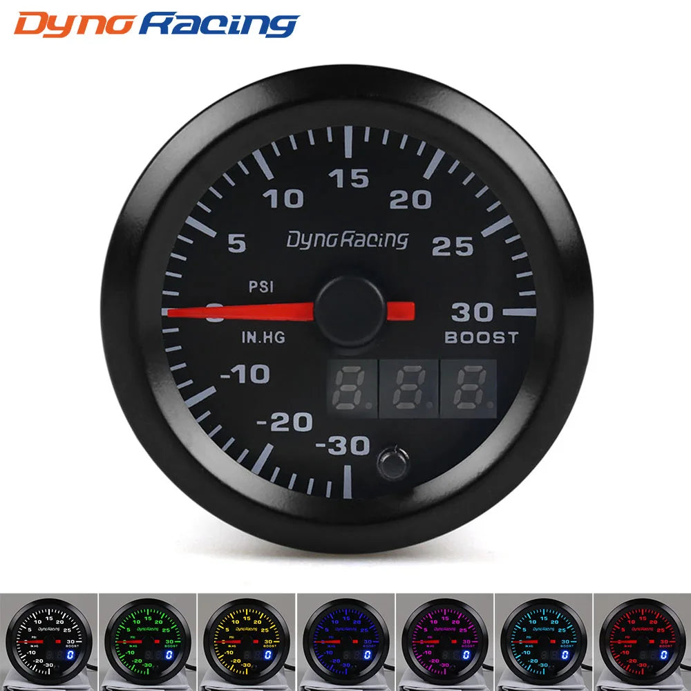 Dynoracing 2'' 52mm Dual Display Turbo Boost Gauge | 7 Color LED Stepper Motor PSI Meter