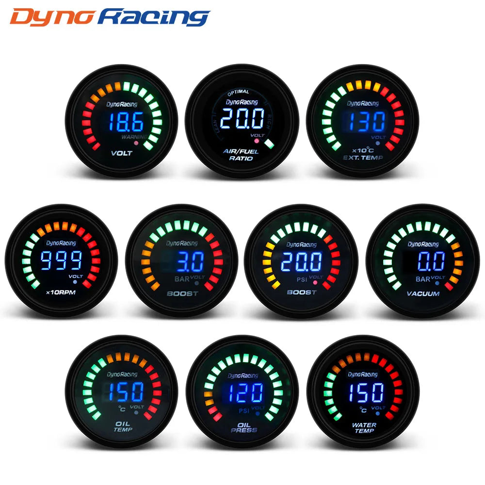 Dynoracing 2" 52MM Digital 20 LED Car Gauge | Multi-Function Gauge Set for 12V Vehicles