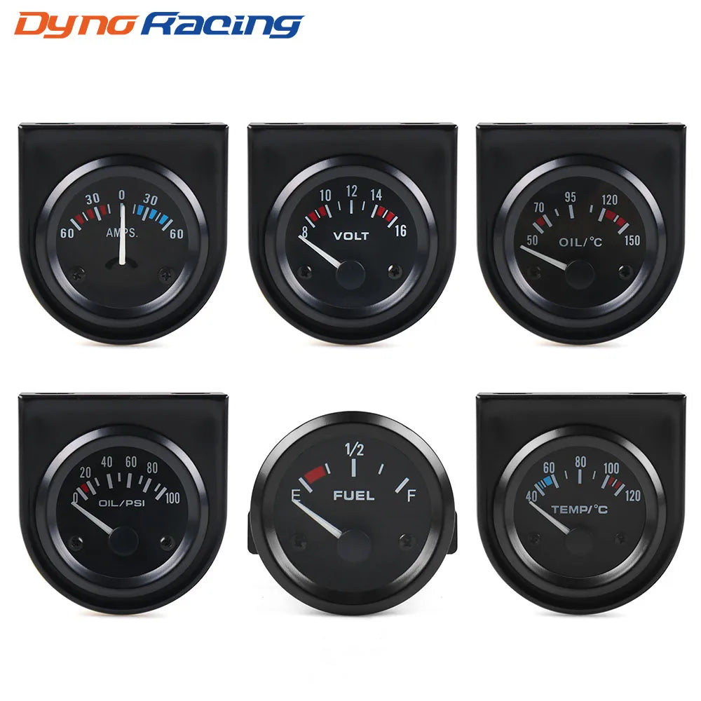 52mm Black Car Gauge Set | Volt Meter Water Temp Oil Pressure Fuel Level AMP Gauge Kit