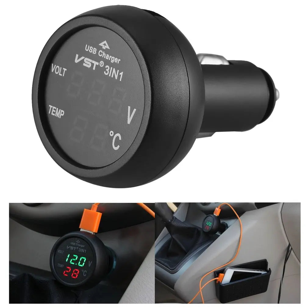 Digital LED Car Cigarette Lighter Voltmeter Thermometer | 3 in 1 USB Charger for 12V/24V Vehicles