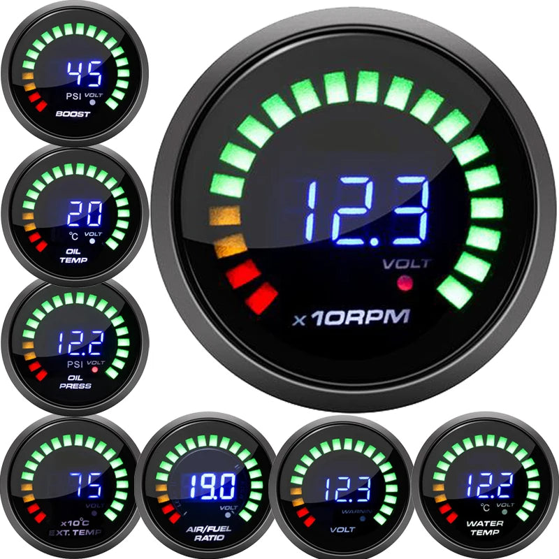 52mm 20 LED Digital Car Gauge Set | Multi-Function Tachometer, Boost, Temp & Pressure Monitor
