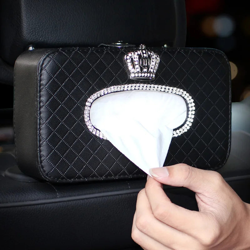 Rhinestone Car Tissue Box Holder Hanging Organizer