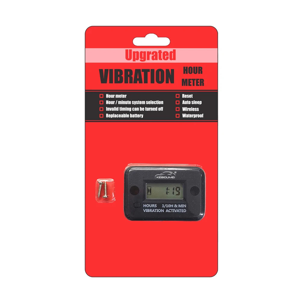 Digital Vibration Tachometer Hour Meter | Waterproof Engine Gauge with LCD Display close-up view