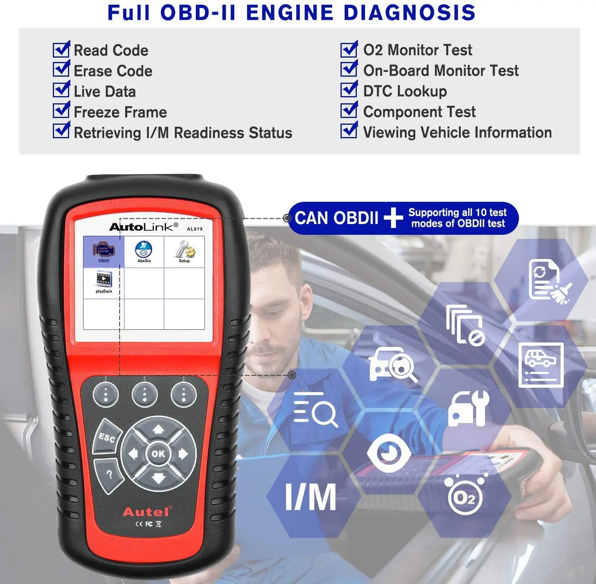 Autel AL619 AL519 OBD2 Scanner Car Diagnostic Tool Code Reader Automotriz ABS,SRS Automotive EOBD Diagnostic Scanner Scan Tool