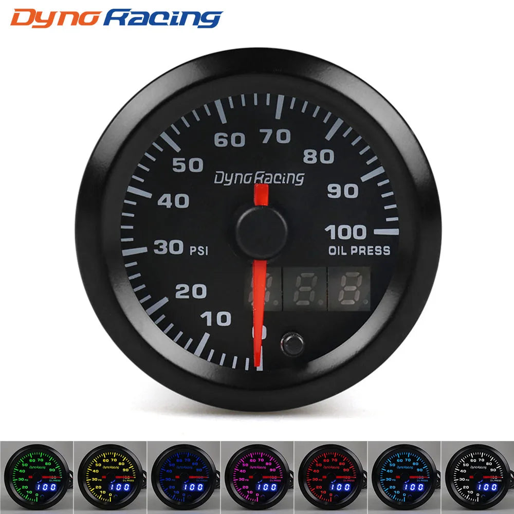 Dynoracing 2 Inch 52mm 7 Color LED Dual Display Car Gauge Set | Boost Water Oil Temp P close-up view
