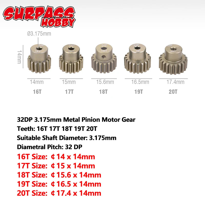 5PCS 32DP 48DP 64DP M0.6 3.175mm Metal Aluminium Pinion Motor Gear Set 12T-50T for 1/1 close-up view