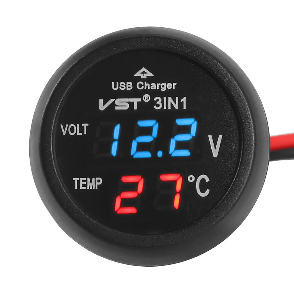 Digital LED Car Cigarette Lighter Voltmeter Thermometer | 3 in 1 USB Charger for 12V/2 close-up view