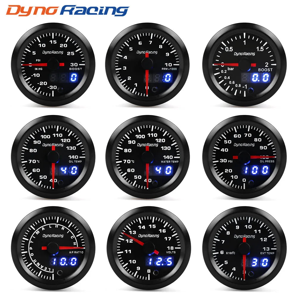 Dynoracing 2 Inch 52mm 7 Color LED Dual Display Car Gauge Set | Boost Water Oil Temp Pressure Voltme