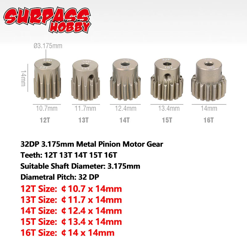5PCS 32DP 48DP 64DP M0.6 3.175mm Metal Aluminium Pinion Motor Gear Set 12T-50T for 1/10 detail view