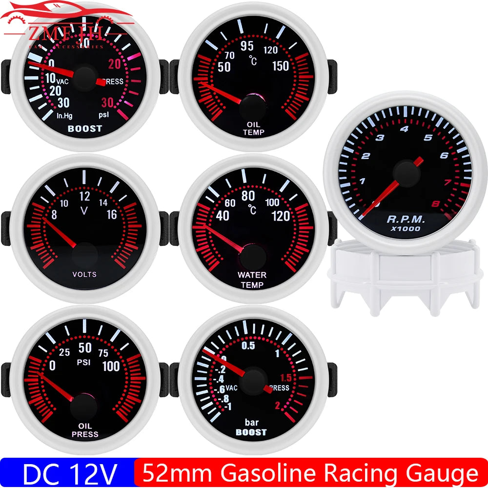 52mm 2" Smoke Lens Car Gauge Set | Turbo Boost PSI BAR Oil Pressure Volt Tachometer close-up view