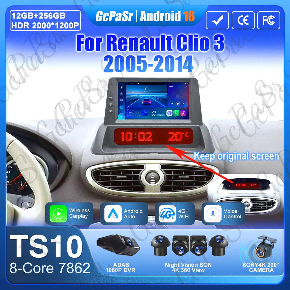 Carplay for Renault Clio 3 2005-2014 | Android 16 GPS Navigation Car Radio with 2K Screen