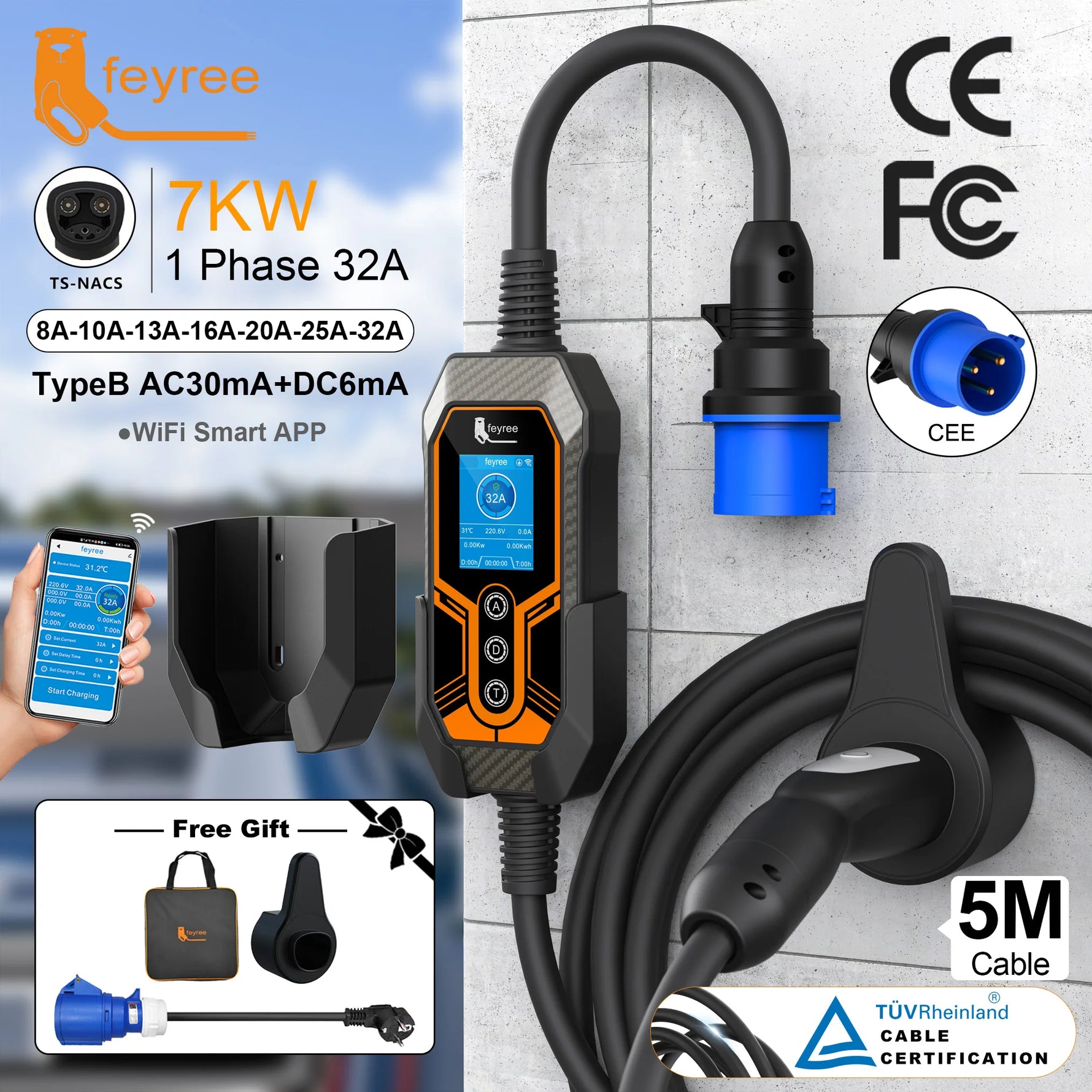 feyree TS-NACS EV Charger | 32A 7KW Portable Charger with APP Control for Tesla alternate view