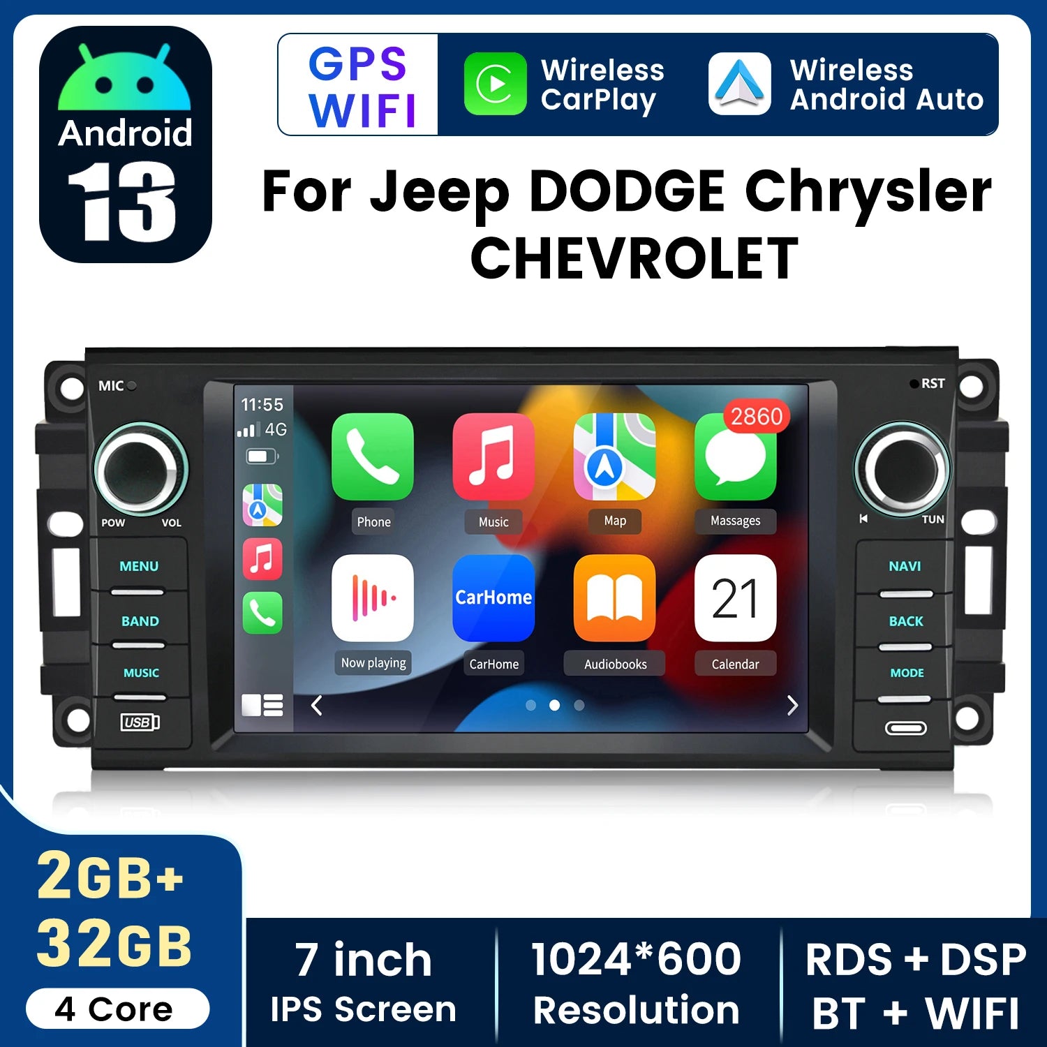 Junsun Android 15 Car Multimedia Player Touch Screen Head Unit Stereo Radio For Jeep DODGE Chrysler