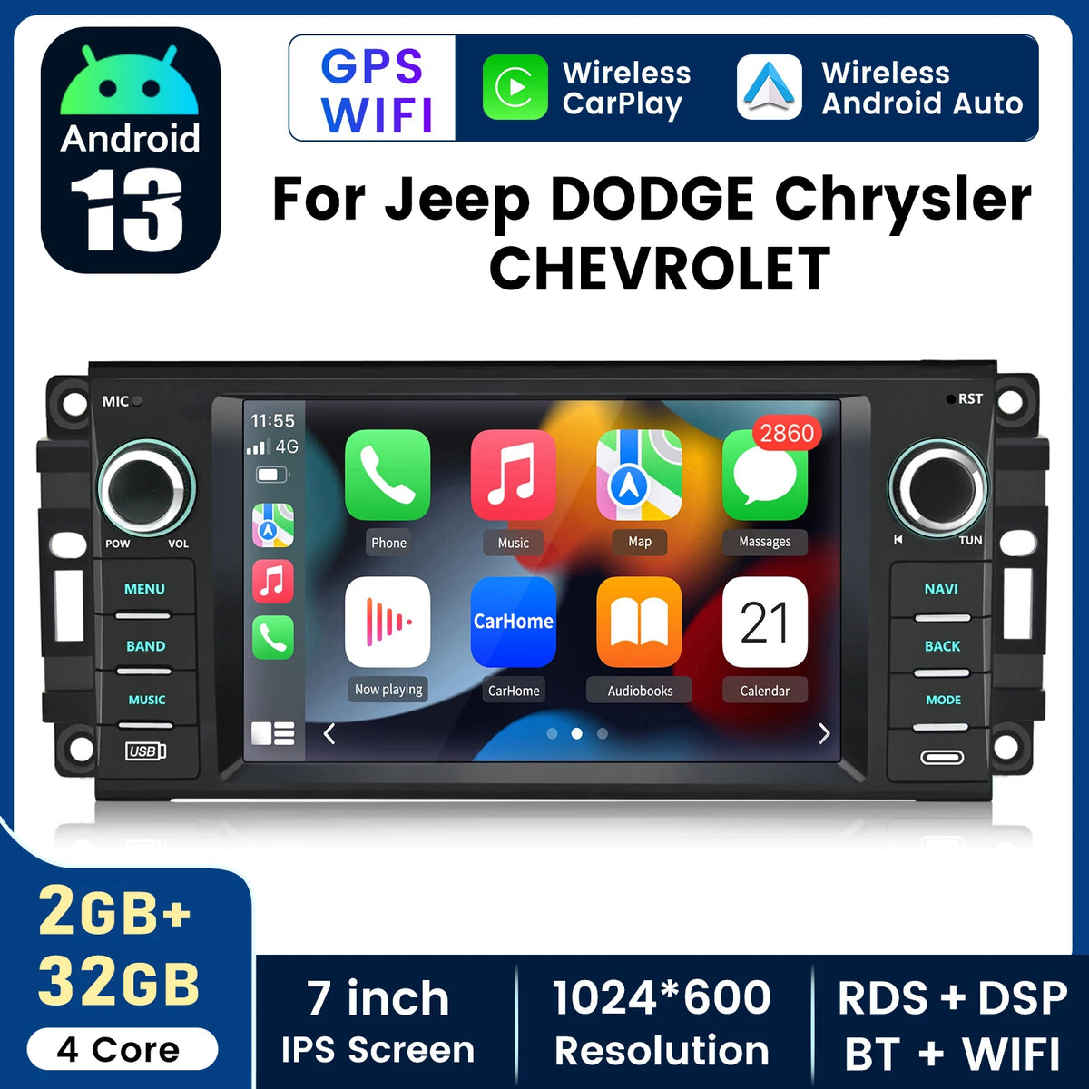 Junsun Android 15 Car Multimedia Player Touch Screen Head Unit Stereo Radio For Jeep DODGE Chrysler