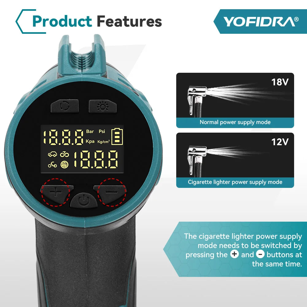 YOFIDRA Electric Air Pump Tire Inflator High Pressure Digital Display Multifunct Car Air Compressor Tool For Makita Battery Pin