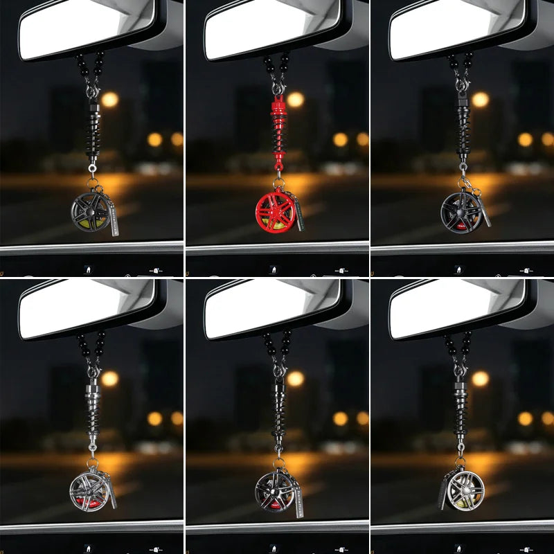 metal Car Mirror Rearview Pendant Auto Interior Decor Pendants Aluminum Wheel With Shock Absorber Or