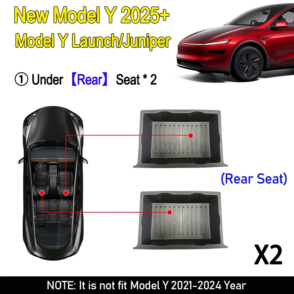 Tesla New Model Y Juniper 2025+ Seat Storage Box – Center Console Organizer Bins (Fron close-up view