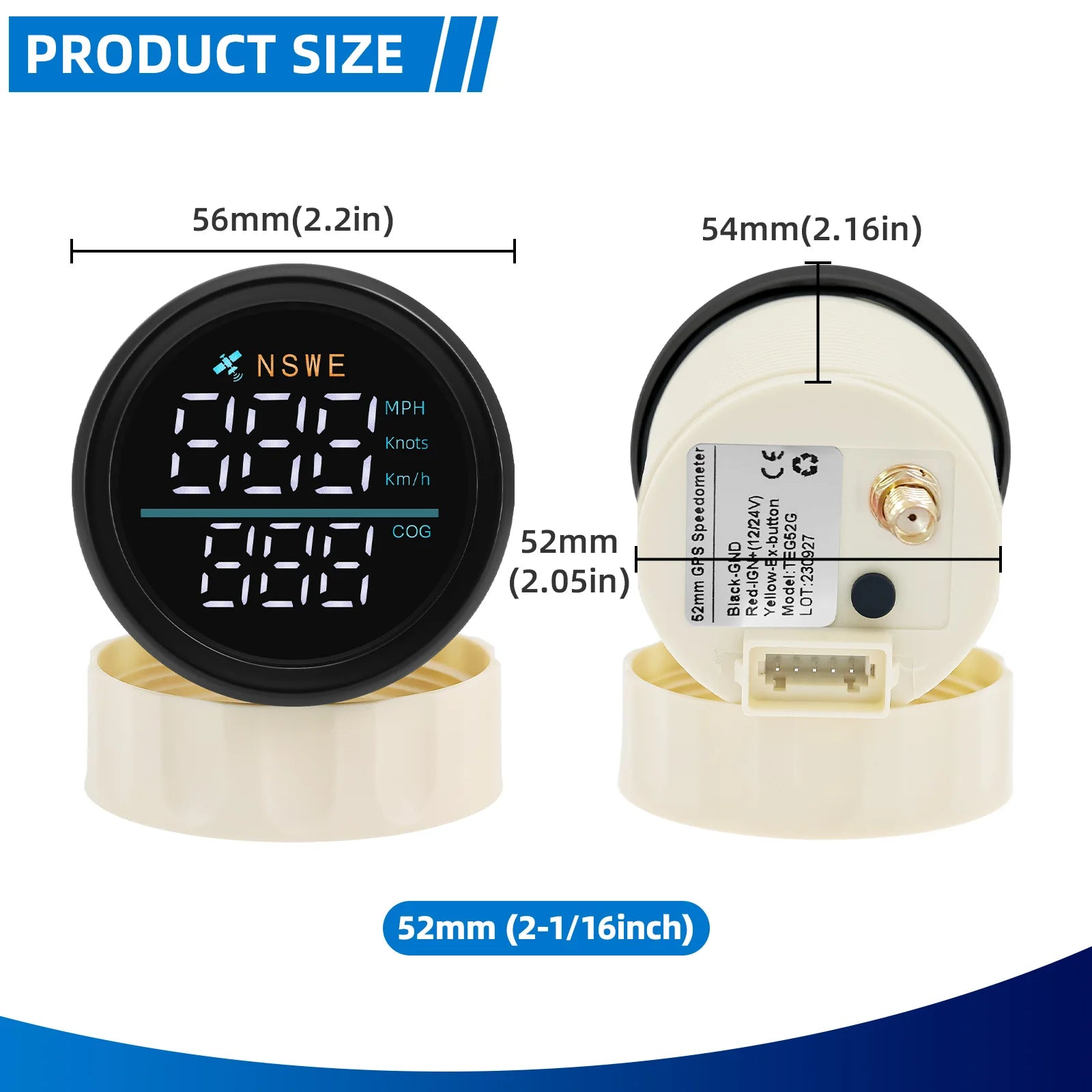 Universal 52mm LCD Digital GPS Speedometer with Antenna | MPH Knot Km/h COG Gauge for alternate view