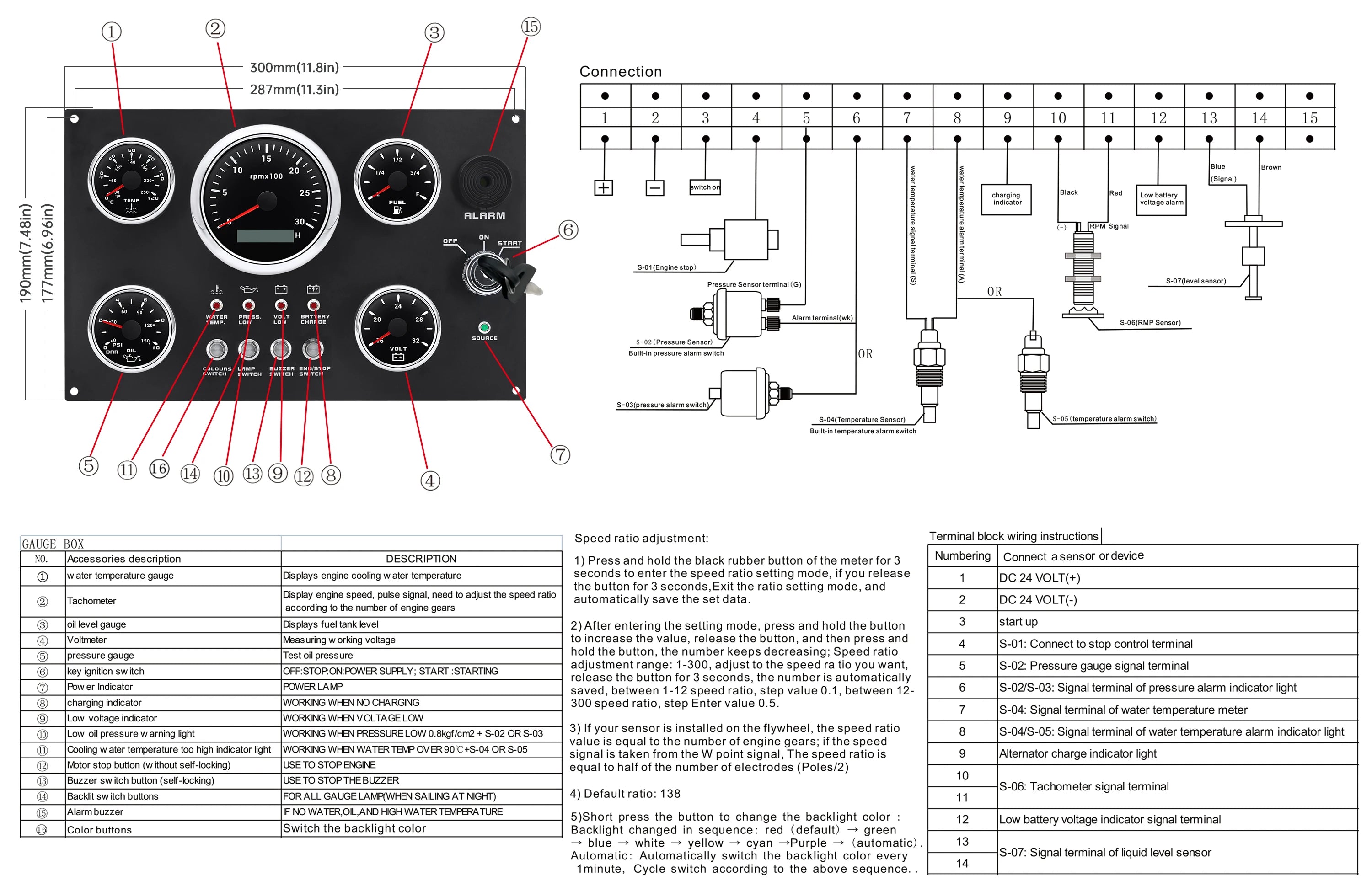 Car Boat Diesel Engine Inboard Outboard Instrument Panel with 5 Gauge Set 85mm GPS Speed Meter Tachometer Fuel Oil Pressure Volt