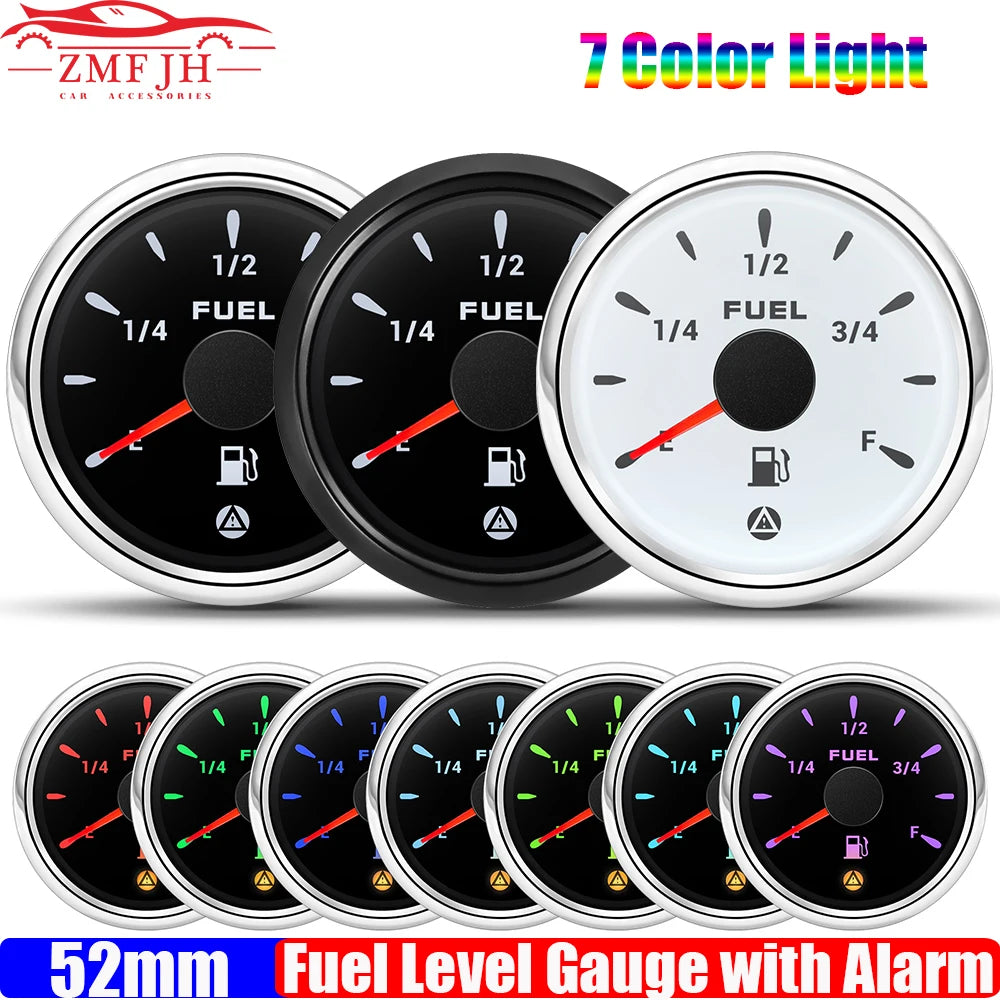 2" 52mm Fuel Level Gauge with Flashing Alarm | 7 Color Backlight for Car Boat