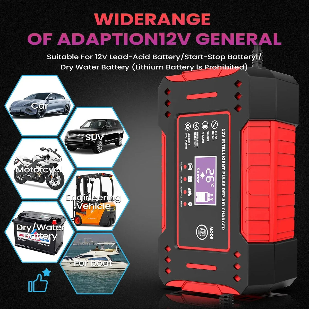 Charger Car and Motorcycle Battery Charging Unit Lead-Acid Battery Repair LCD Display close-up view