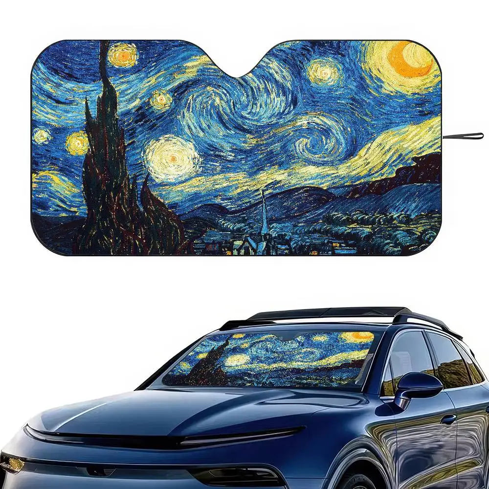 Starry Night Van Gogh Art Windshield Sun Shade | Car SUV Truck Front Window Protector close-up view