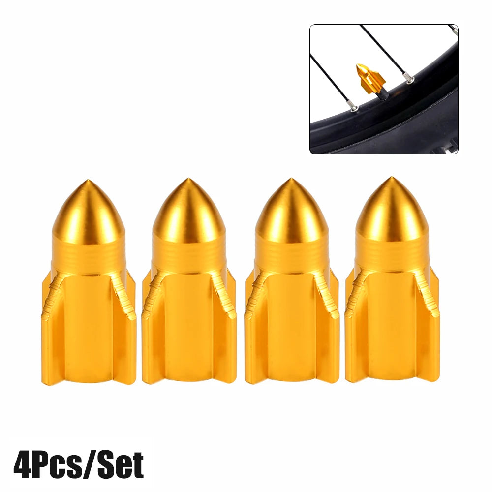 Aluminum Rocket Tire Valve Caps Set of 4 | Car and Motorcycle Alloy Valve Stem Covers close-up view