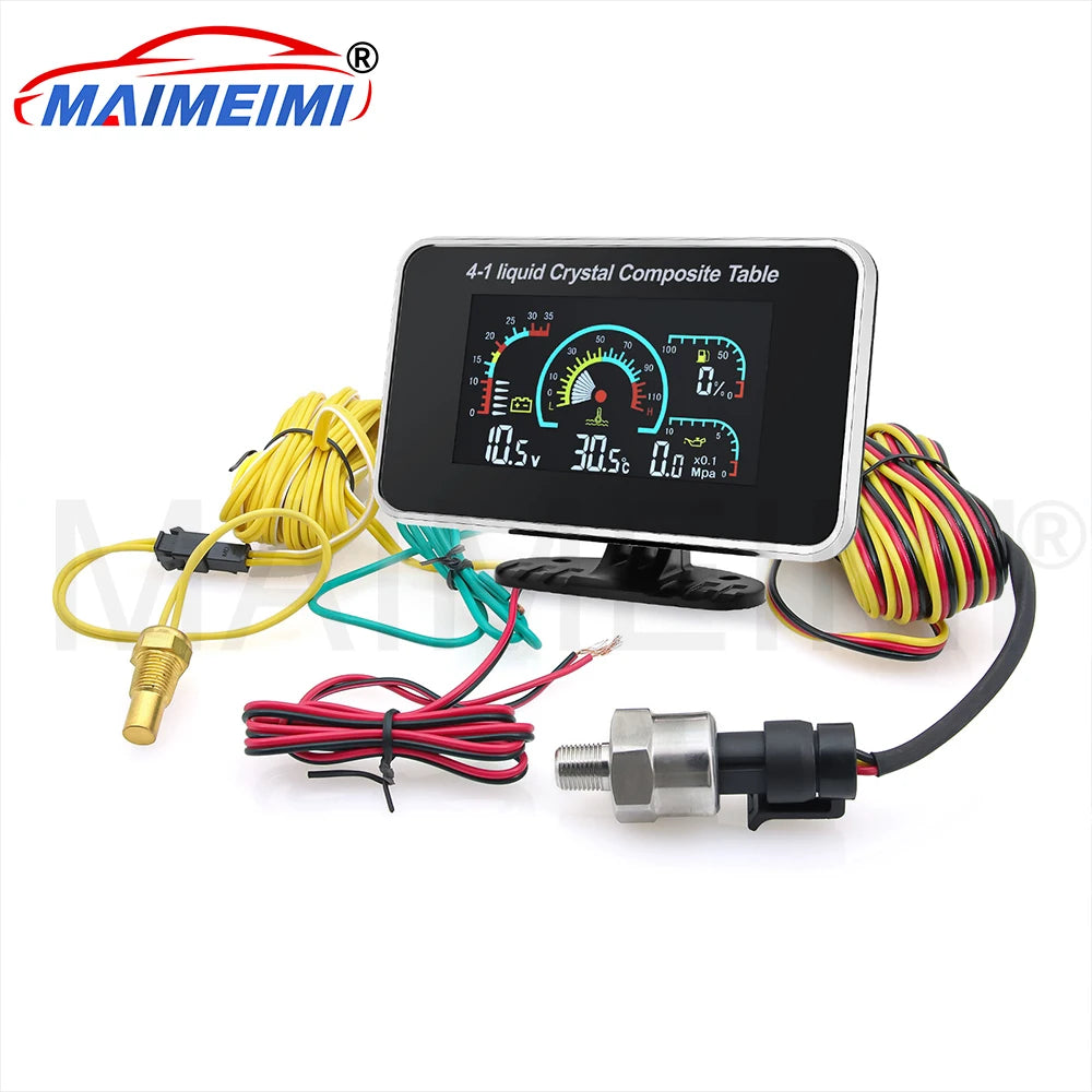 4 in 1 LCD Car Digital Gauge with Alarm | Water Temperature Oil Pressure Voltmeter Fue close-up view